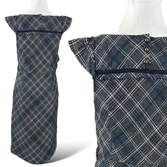 Anthropologie Floreat Tartan Plaid Wool Retro 50s Ruffle Floral Dress 2 Punk - Picture 8 of 15